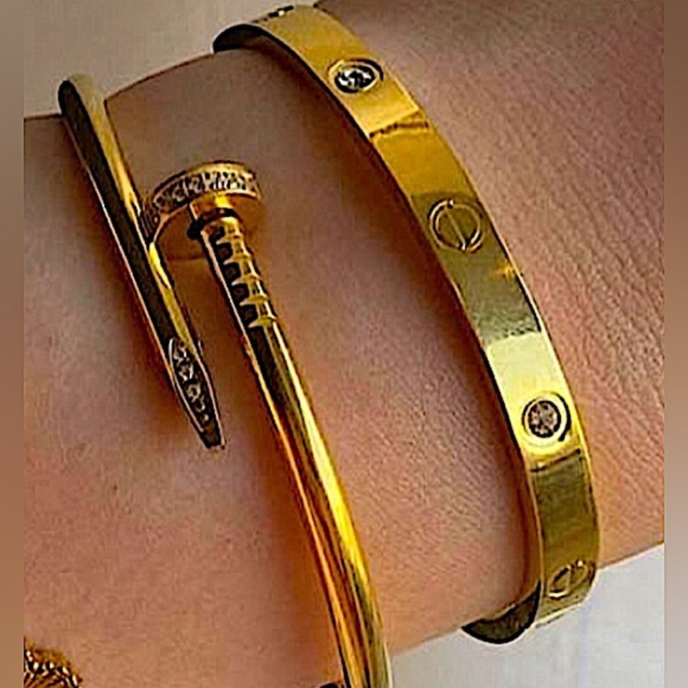 Stampd Gold Tone Nail Cuff & Screw-Accent Bangle Set